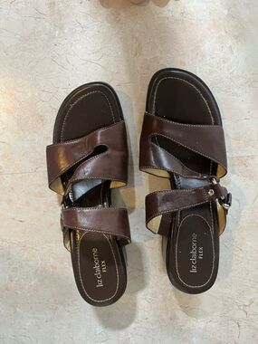 Liz Claiborne Dark Brown Leather Slide Sandals with Buckle Accent